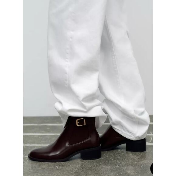 Zara Chelsea Brown Vegan Buckle Detail Round Toe Pull On Ankle Boots Sz 8 - Picture 2 of 12